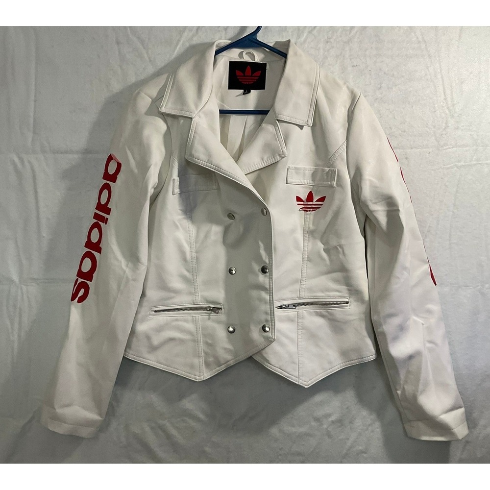 Adidas Moto Jacket Women Large White Red Faux Leather Trefoil Logo Biker Street